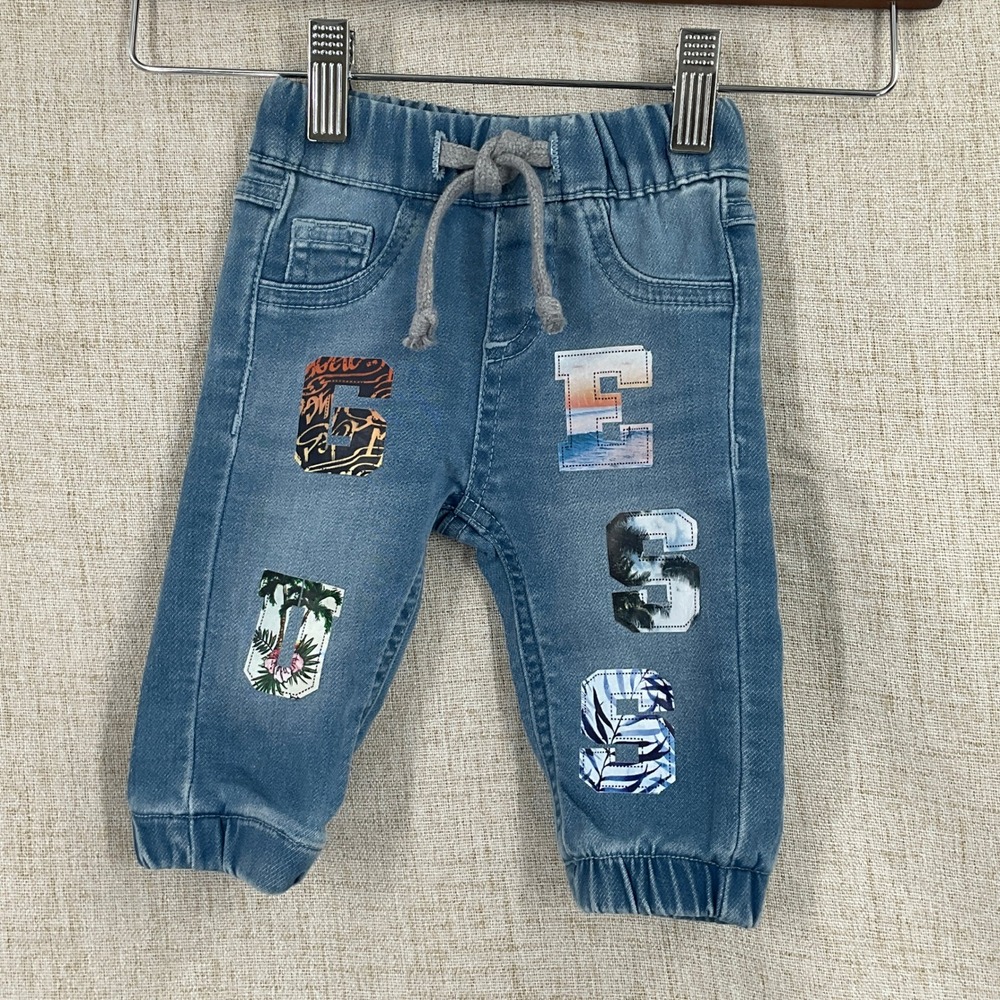 Guess Jogger Jeans Kids 3/6M Blue Cotton Logo Patch Denim Pants Y2K NEW